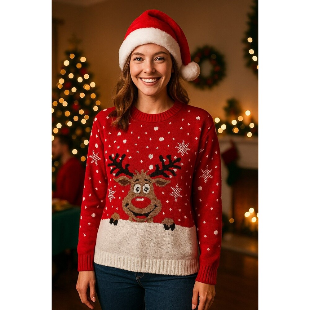 Red Reindeer Christmas Sweater • Fits Like XL • Pulse London Paris •
